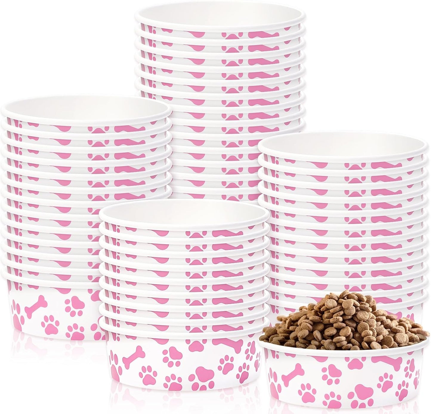 Whaline 50Pcs Pet Disposable Feeding Bowls Pink White Paper Dog Bowls Small Dog Dish 16 Oz 2 Cup Pet Serving Food Tray for Puppy Cat Travel Wet Dry Food Water
