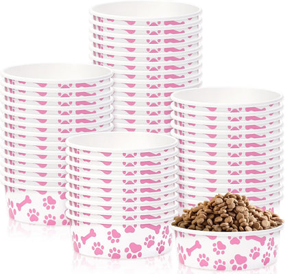 Whaline 50Pcs Pet Disposable Feeding Bowls Pink White Paper Dog Bowls Small Dog Dish 16 Oz 2 Cup Pet Serving Food Tray for Puppy Cat Travel Wet Dry Food Water