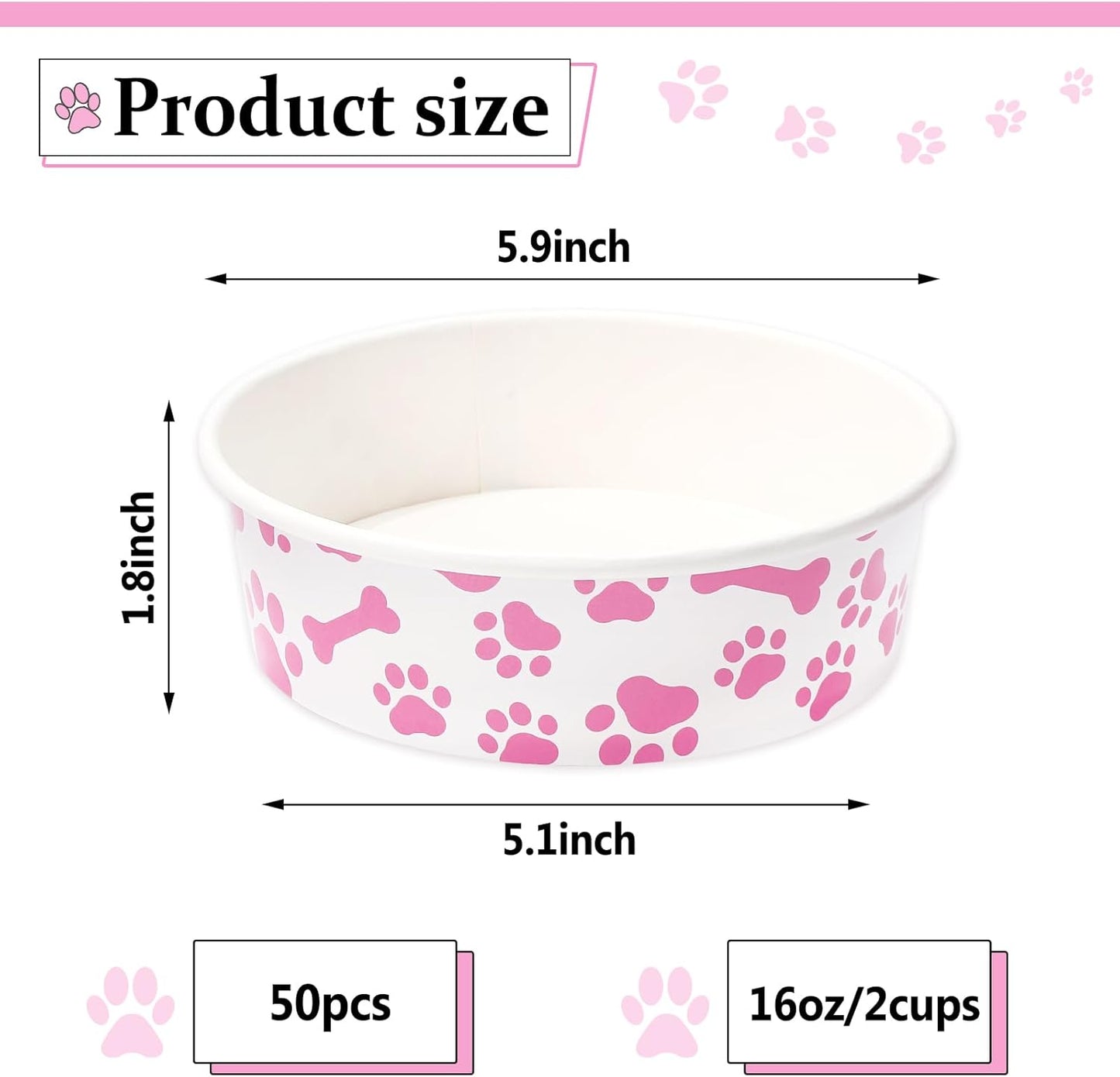 Whaline 50Pcs Pet Disposable Feeding Bowls Pink White Paper Dog Bowls Small Dog Dish 16 Oz 2 Cup Pet Serving Food Tray for Puppy Cat Travel Wet Dry Food Water