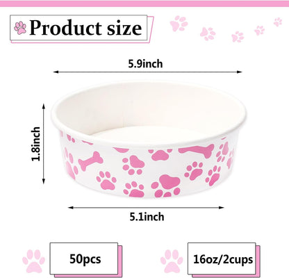 Whaline 50Pcs Pet Disposable Feeding Bowls Pink White Paper Dog Bowls Small Dog Dish 16 Oz 2 Cup Pet Serving Food Tray for Puppy Cat Travel Wet Dry Food Water