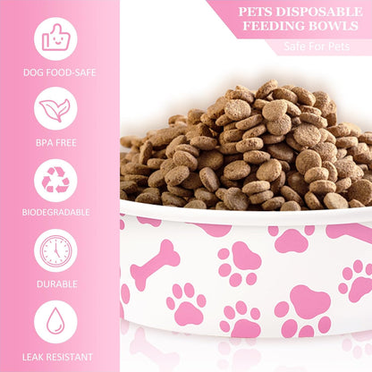 Whaline 50Pcs Pet Disposable Feeding Bowls Pink White Paper Dog Bowls Small Dog Dish 16 Oz 2 Cup Pet Serving Food Tray for Puppy Cat Travel Wet Dry Food Water