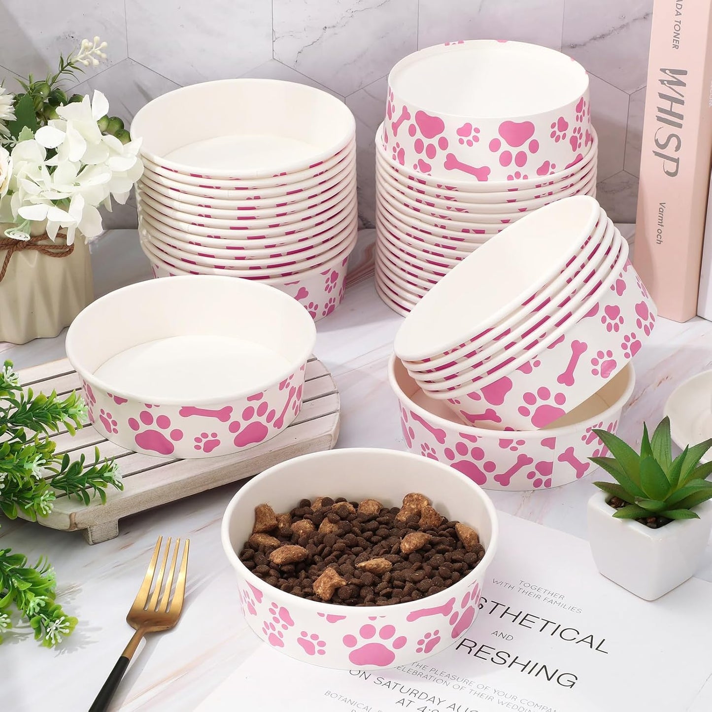 Whaline 50Pcs Pet Disposable Feeding Bowls Pink White Paper Dog Bowls Small Dog Dish 16 Oz 2 Cup Pet Serving Food Tray for Puppy Cat Travel Wet Dry Food Water