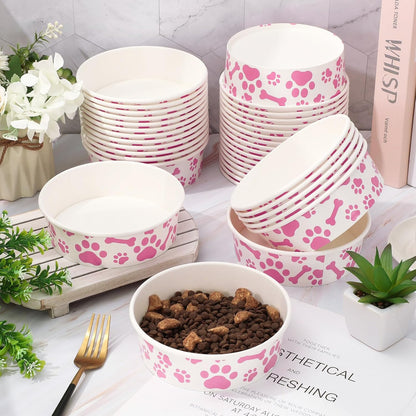 Whaline 50Pcs Pet Disposable Feeding Bowls Pink White Paper Dog Bowls Small Dog Dish 16 Oz 2 Cup Pet Serving Food Tray for Puppy Cat Travel Wet Dry Food Water