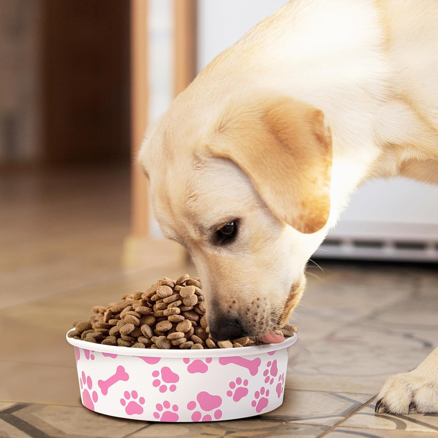 Whaline 50Pcs Pet Disposable Feeding Bowls Pink White Paper Dog Bowls Small Dog Dish 16 Oz 2 Cup Pet Serving Food Tray for Puppy Cat Travel Wet Dry Food Water