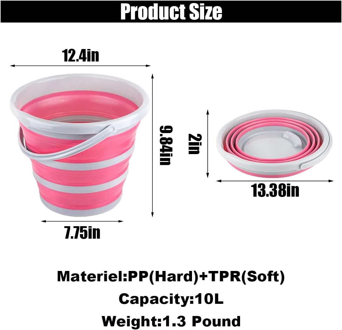 Car Collapsible Bucket, 10L 2.6 Gallon Folding Bucket Auto Cleaning Plastic Water Bucket, Foldable Portable Bucket Space Saving for Indoor Outdoor Car Wash Garden Camping (Pink)