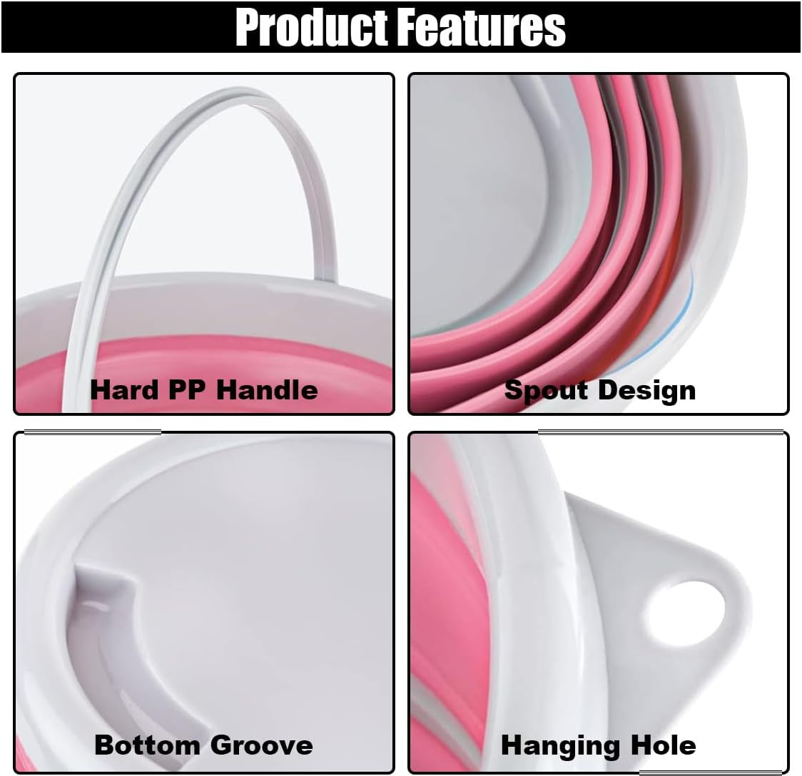 Car Collapsible Bucket, 10L 2.6 Gallon Folding Bucket Auto Cleaning Plastic Water Bucket, Foldable Portable Bucket Space Saving for Indoor Outdoor Car Wash Garden Camping (Pink)