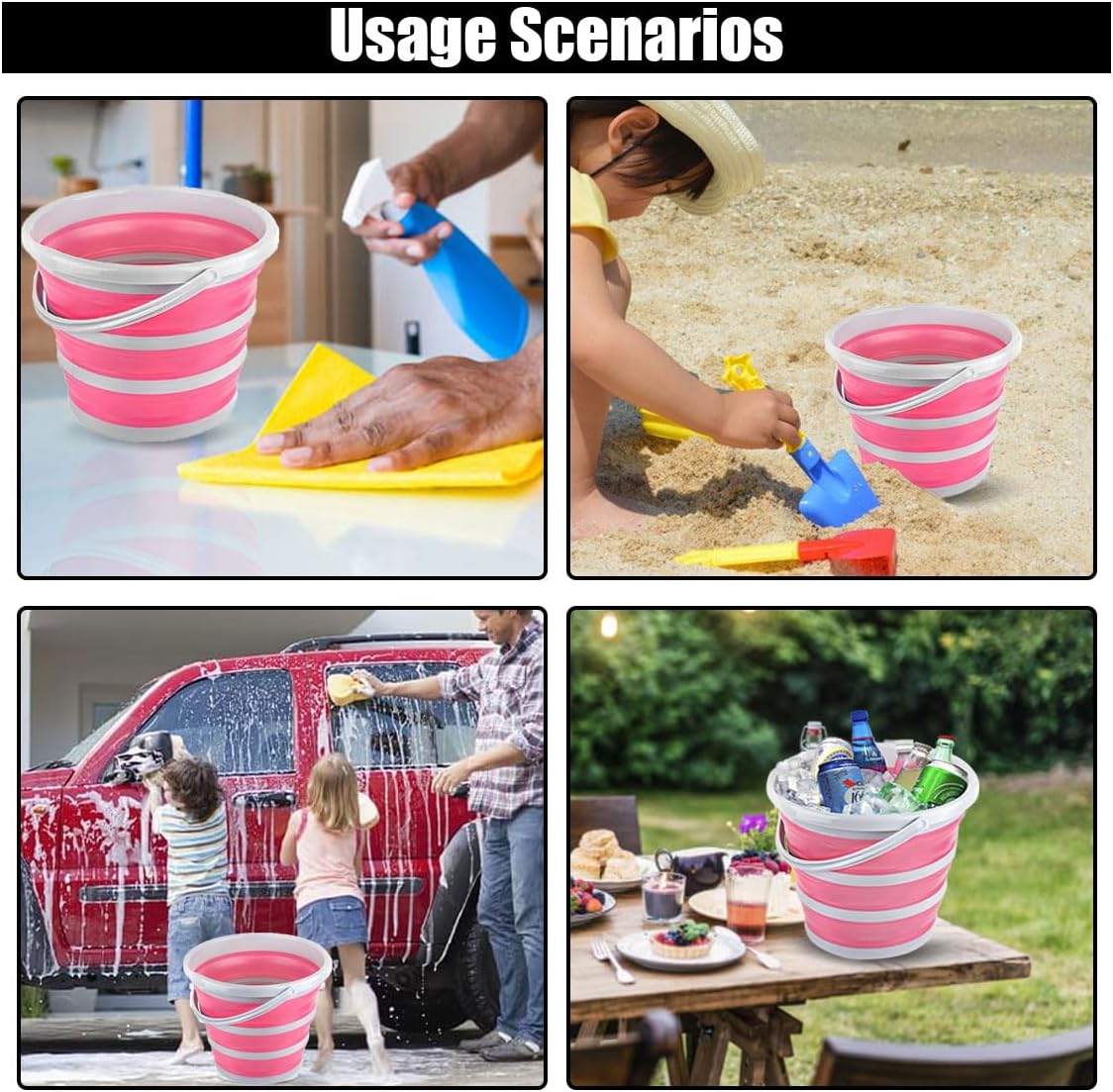 Car Collapsible Bucket, 10L 2.6 Gallon Folding Bucket Auto Cleaning Plastic Water Bucket, Foldable Portable Bucket Space Saving for Indoor Outdoor Car Wash Garden Camping (Pink)