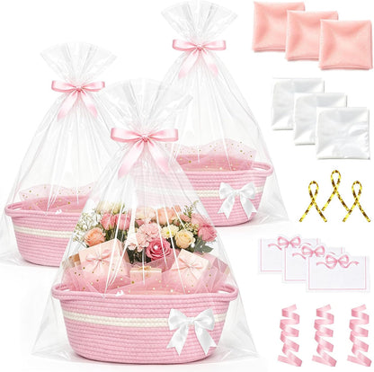 3 Set Pink Basket for Gift Empty,13"x 6"x 7" Woven Basket with Gift Bag & Cards,Bow Basket with Ribbons & Tulle for Wedding,Graduation,Gifts,Girls,Party Favors & Home Storage