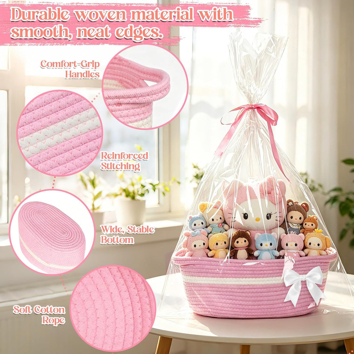 3 Set Pink Basket for Gift Empty,13"x 6"x 7" Woven Basket with Gift Bag & Cards,Bow Basket with Ribbons & Tulle for Wedding,Graduation,Gifts,Girls,Party Favors & Home Storage