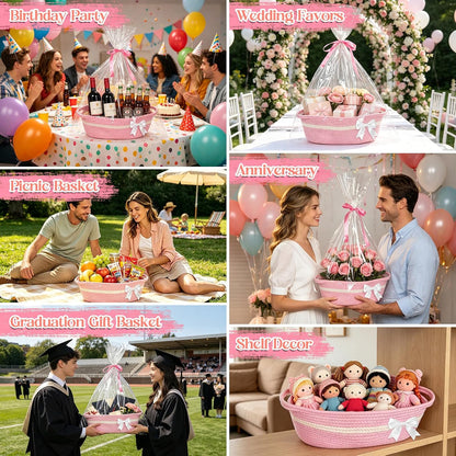 3 Set Pink Basket for Gift Empty,13"x 6"x 7" Woven Basket with Gift Bag & Cards,Bow Basket with Ribbons & Tulle for Wedding,Graduation,Gifts,Girls,Party Favors & Home Storage
