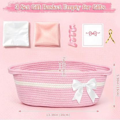 3 Set Pink Basket for Gift Empty,13"x 6"x 7" Woven Basket with Gift Bag & Cards,Bow Basket with Ribbons & Tulle for Wedding,Graduation,Gifts,Girls,Party Favors & Home Storage