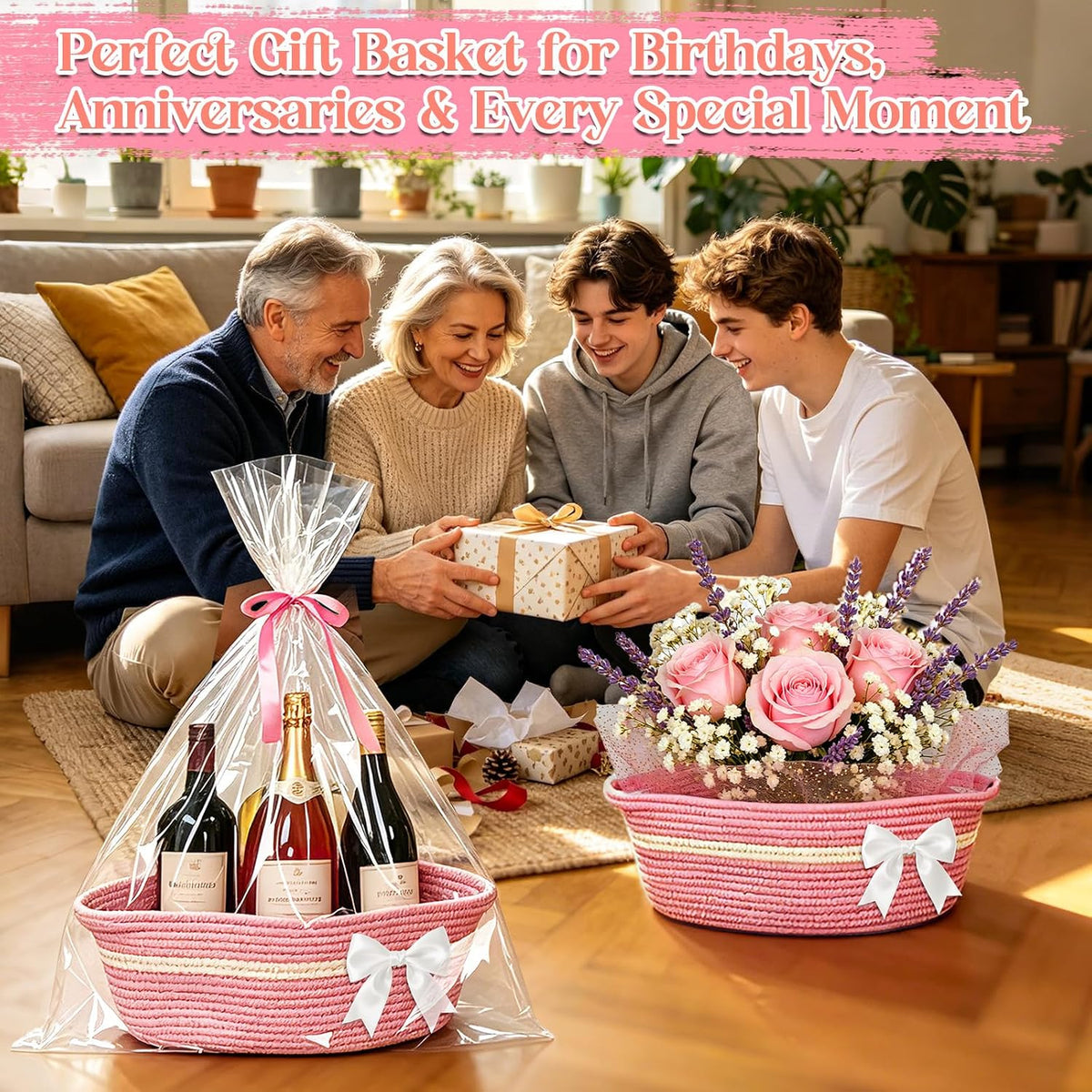 3 Set Pink Basket for Gift Empty,13"x 6"x 7" Woven Basket with Gift Bag & Cards,Bow Basket with Ribbons & Tulle for Wedding,Graduation,Gifts,Girls,Party Favors & Home Storage