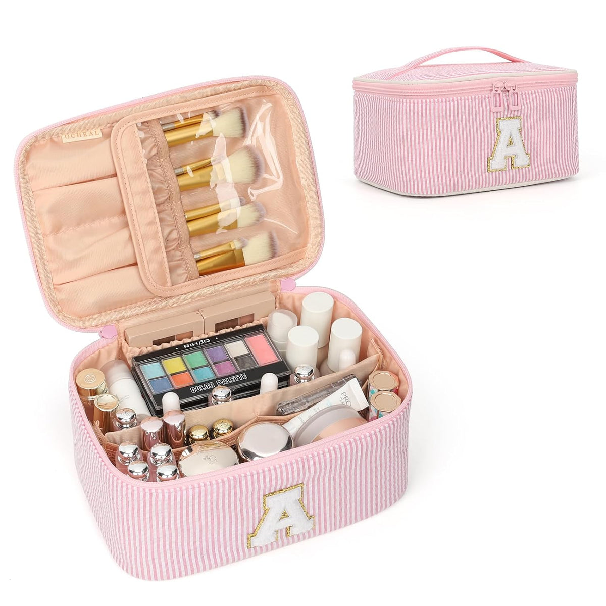 Makeup Bag for Women, Monogram Cosmetic Bag Pink Travel Makeup Case Beauty Toiletry Bag Organizer Personalized Gifts for Girls Bridesmaid, Sister, Wife, Friends Initial A
