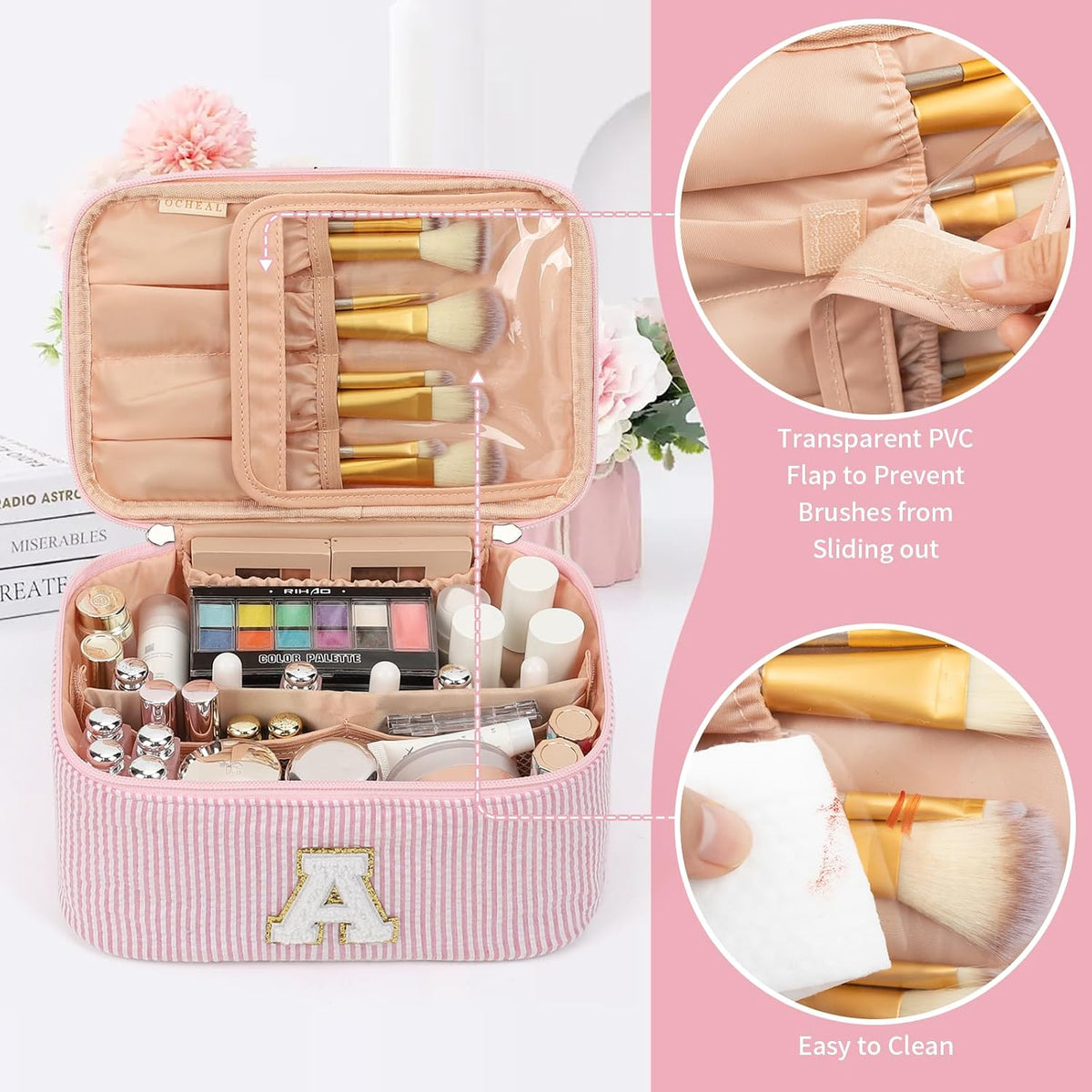 Makeup Bag for Women, Monogram Cosmetic Bag Pink Travel Makeup Case Beauty Toiletry Bag Organizer Personalized Gifts for Girls Bridesmaid, Sister, Wife, Friends Initial A