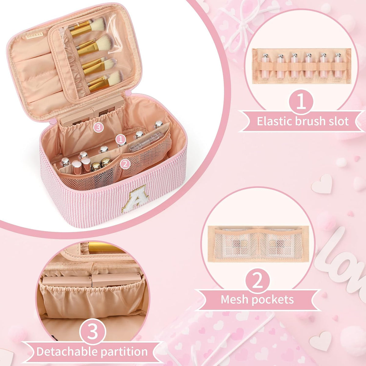 Makeup Bag for Women, Monogram Cosmetic Bag Pink Travel Makeup Case Beauty Toiletry Bag Organizer Personalized Gifts for Girls Bridesmaid, Sister, Wife, Friends Initial A
