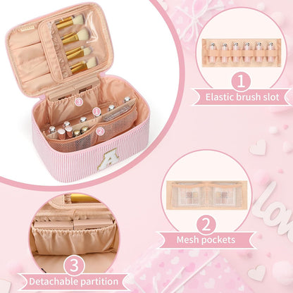 Makeup Bag for Women, Monogram Cosmetic Bag Pink Travel Makeup Case Beauty Toiletry Bag Organizer Personalized Gifts for Girls Bridesmaid, Sister, Wife, Friends Initial A