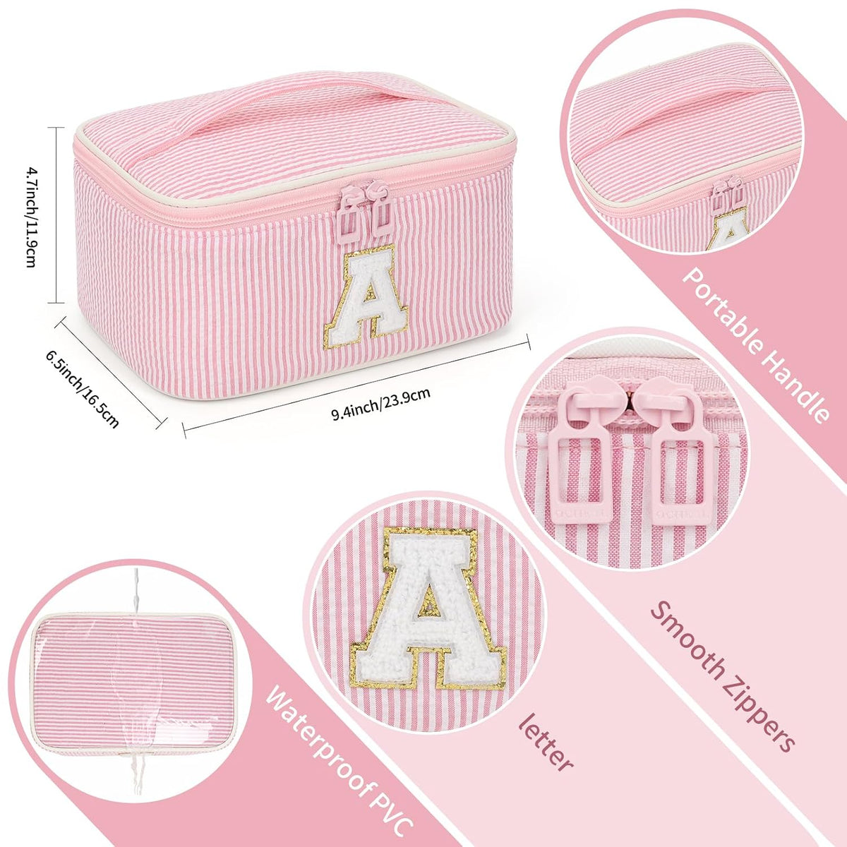 Makeup Bag for Women, Monogram Cosmetic Bag Pink Travel Makeup Case Beauty Toiletry Bag Organizer Personalized Gifts for Girls Bridesmaid, Sister, Wife, Friends Initial A