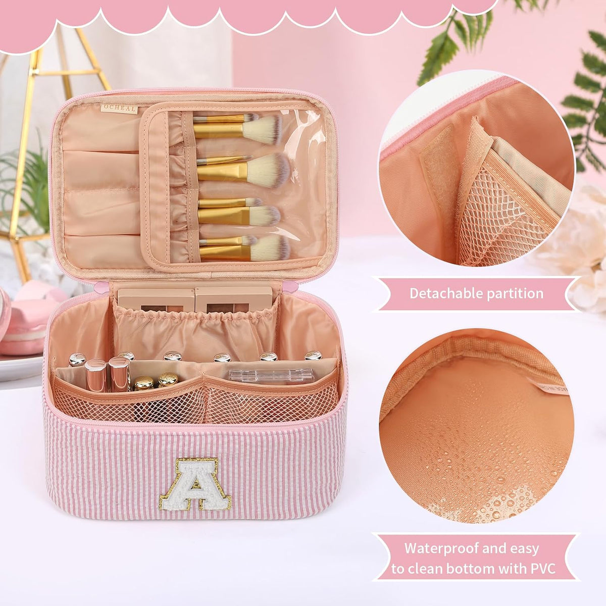 Makeup Bag for Women, Monogram Cosmetic Bag Pink Travel Makeup Case Beauty Toiletry Bag Organizer Personalized Gifts for Girls Bridesmaid, Sister, Wife, Friends Initial A