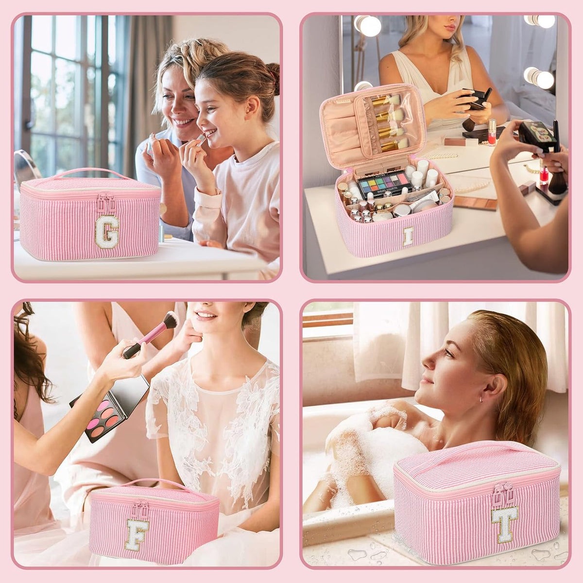 Makeup Bag for Women, Monogram Cosmetic Bag Pink Travel Makeup Case Beauty Toiletry Bag Organizer Personalized Gifts for Girls Bridesmaid, Sister, Wife, Friends Initial A