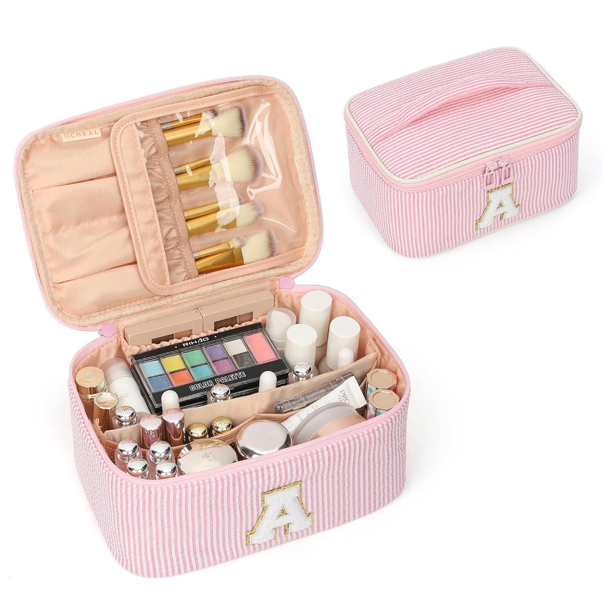 Makeup Bag for Women, Monogram Cosmetic Bag Pink Travel Makeup Case Beauty Toiletry Bag Organizer Personalized Gifts for Girls Bridesmaid, Sister, Wife, Friends Initial A
