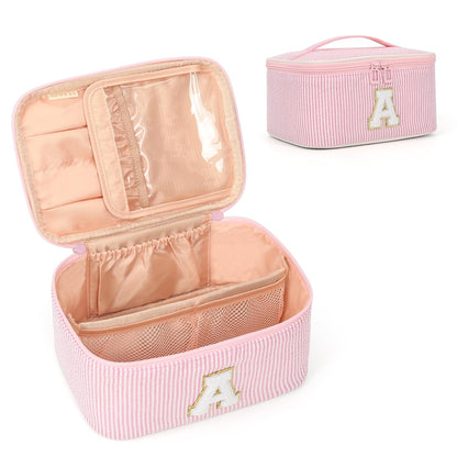 Makeup Bag for Women, Monogram Cosmetic Bag Pink Travel Makeup Case Beauty Toiletry Bag Organizer Personalized Gifts for Girls Bridesmaid, Sister, Wife, Friends Initial A