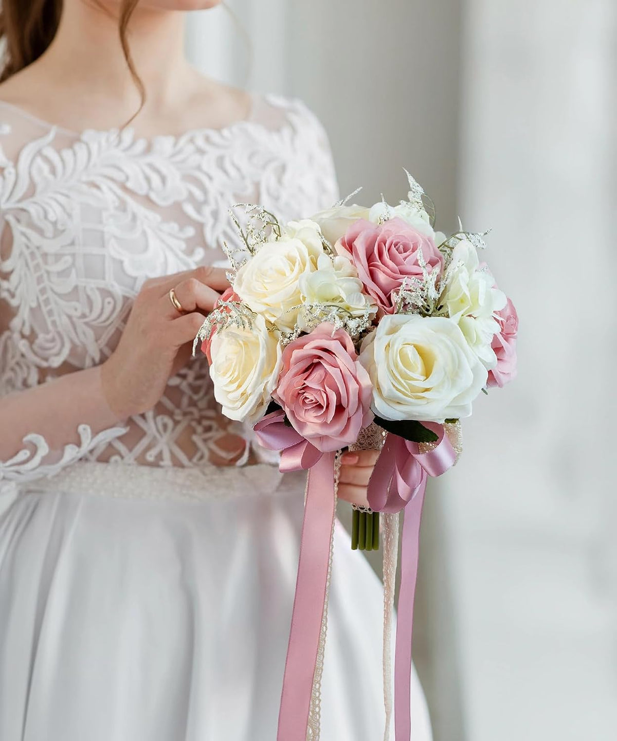 Bride Bouquets for Wedding Pink Artificial Flowers Roses Tossing Bouquet for Bridesmaid for Wedding Ceremony Anniversary