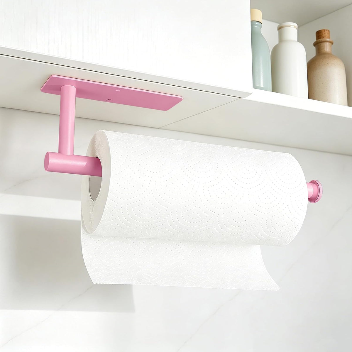 Pink Paper Towel Holder, Self Adhesive Paper Towels Roll Holders Under Cabinet, Stainless Steel Wall Mount Towel Paper Holder for Kitchen, Bathroom