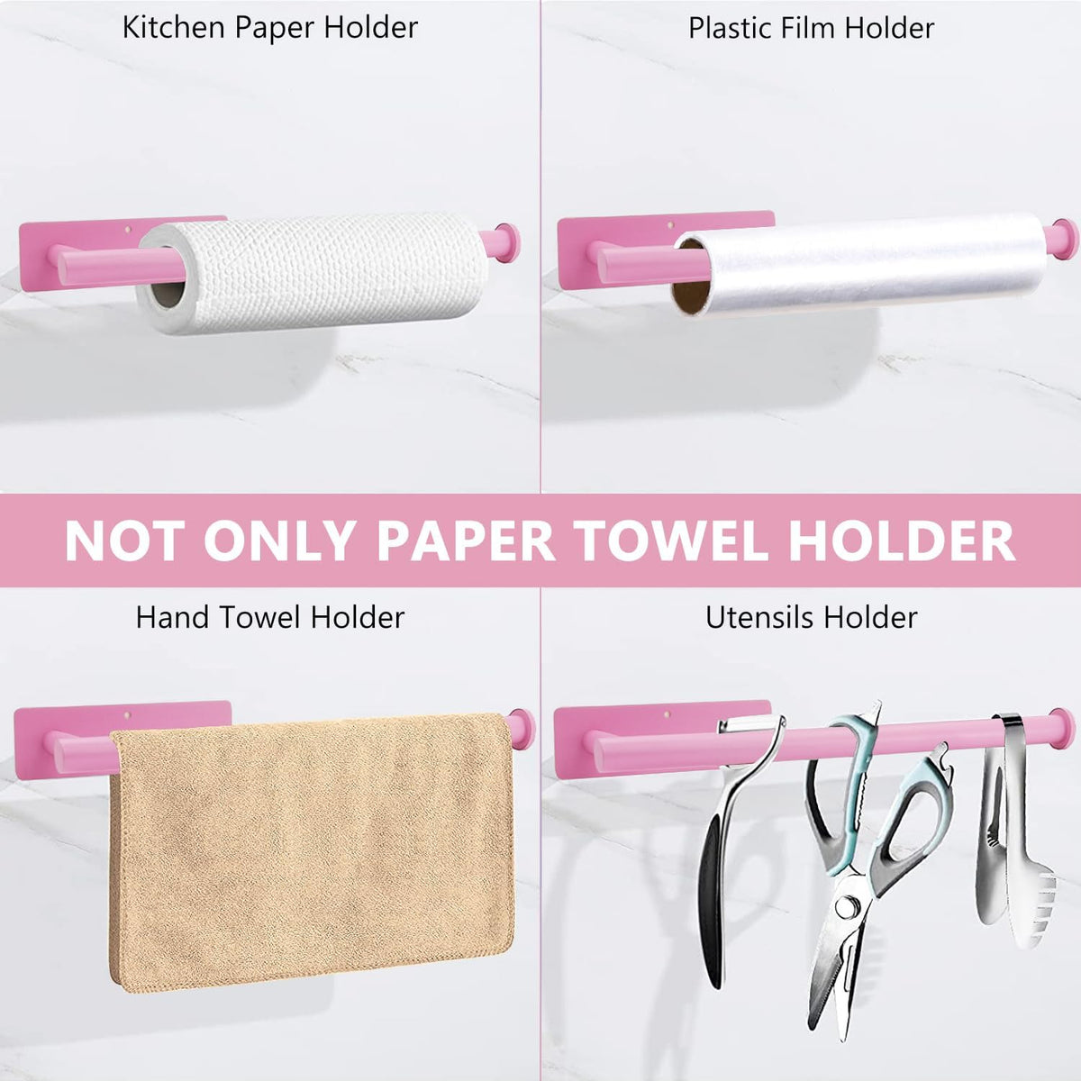 Pink Paper Towel Holder, Self Adhesive Paper Towels Roll Holders Under Cabinet, Stainless Steel Wall Mount Towel Paper Holder for Kitchen, Bathroom