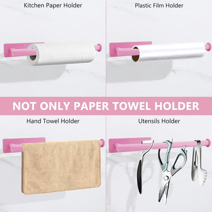 Pink Paper Towel Holder, Self Adhesive Paper Towels Roll Holders Under Cabinet, Stainless Steel Wall Mount Towel Paper Holder for Kitchen, Bathroom