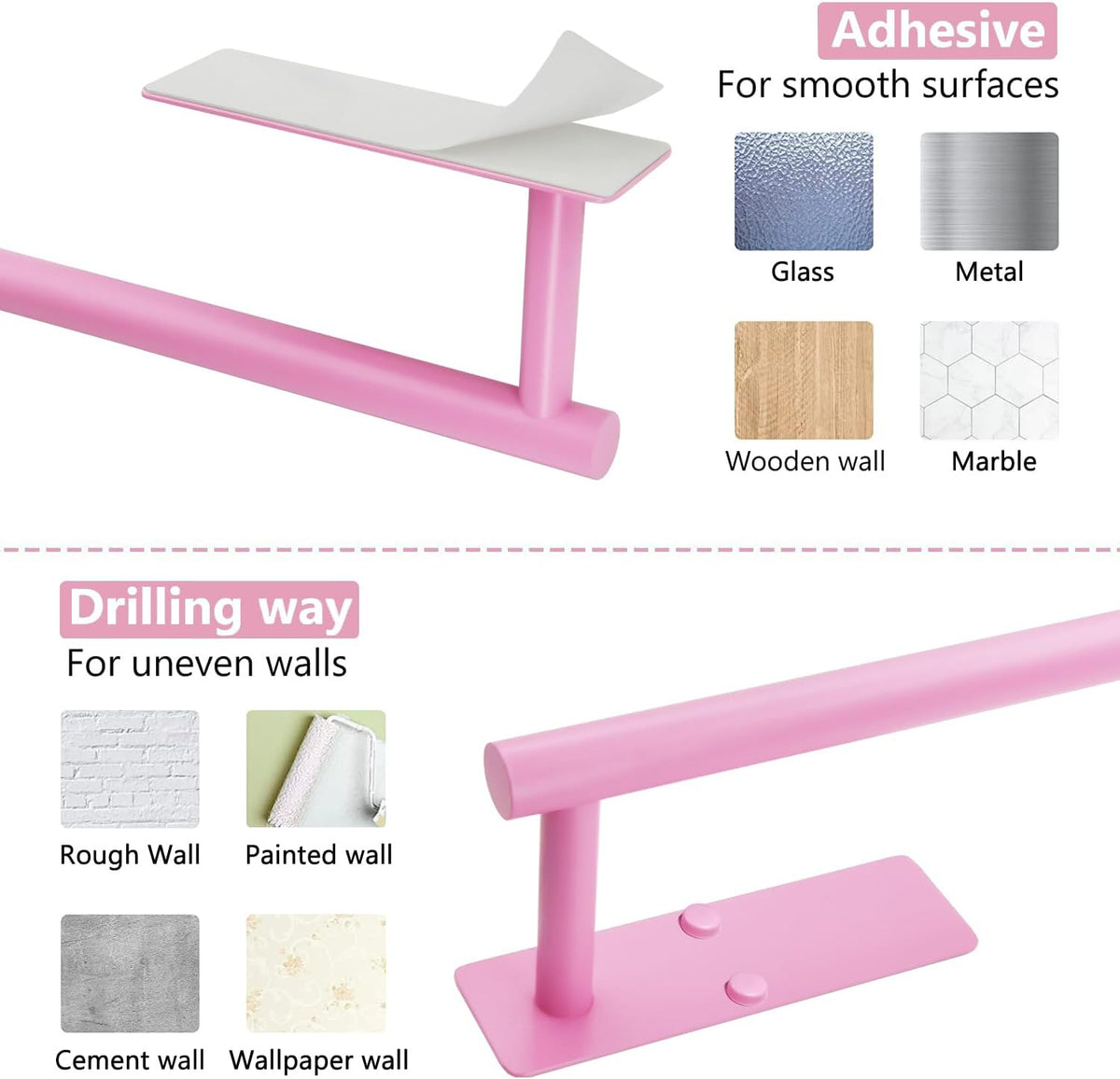 Pink Paper Towel Holder, Self Adhesive Paper Towels Roll Holders Under Cabinet, Stainless Steel Wall Mount Towel Paper Holder for Kitchen, Bathroom