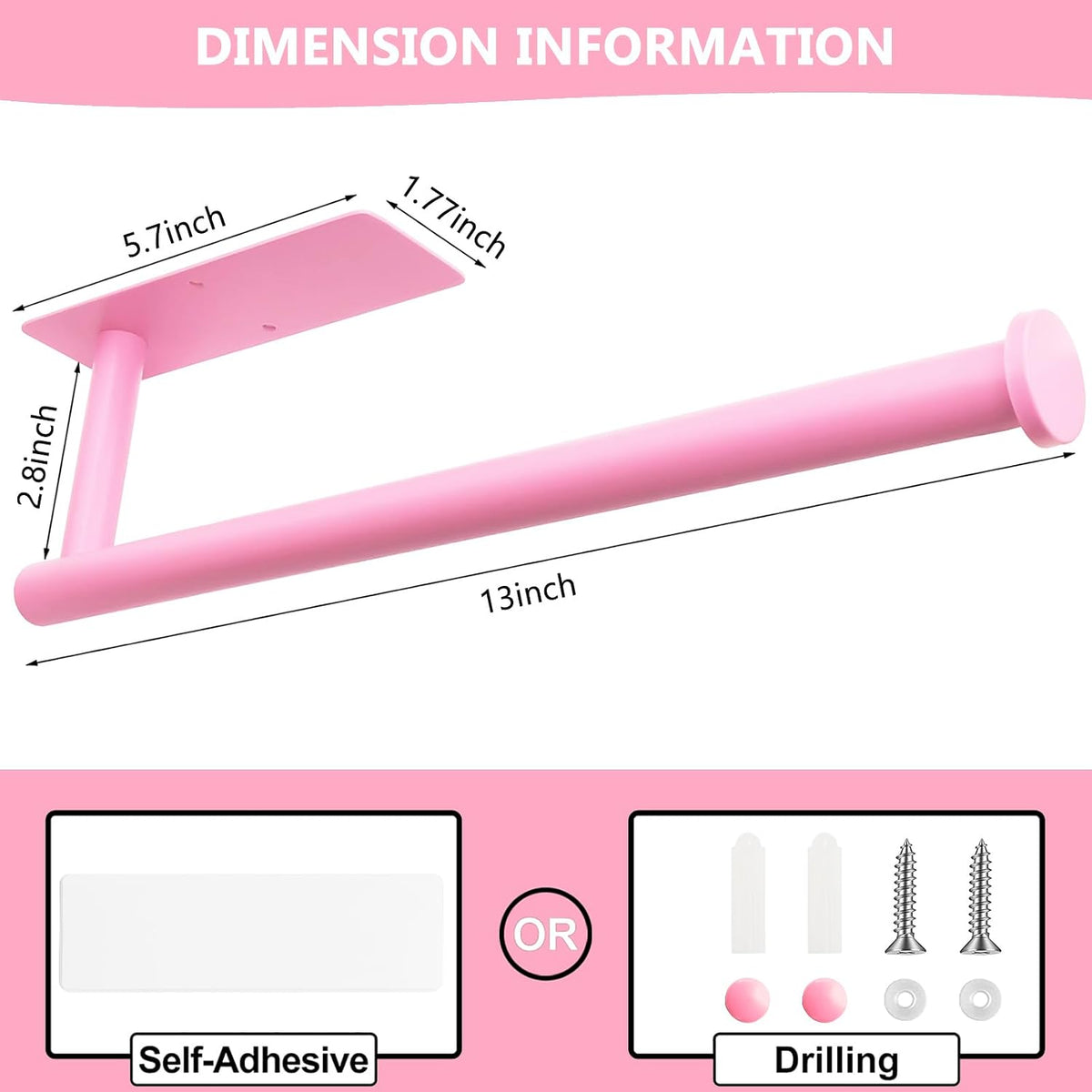 Pink Paper Towel Holder, Self Adhesive Paper Towels Roll Holders Under Cabinet, Stainless Steel Wall Mount Towel Paper Holder for Kitchen, Bathroom