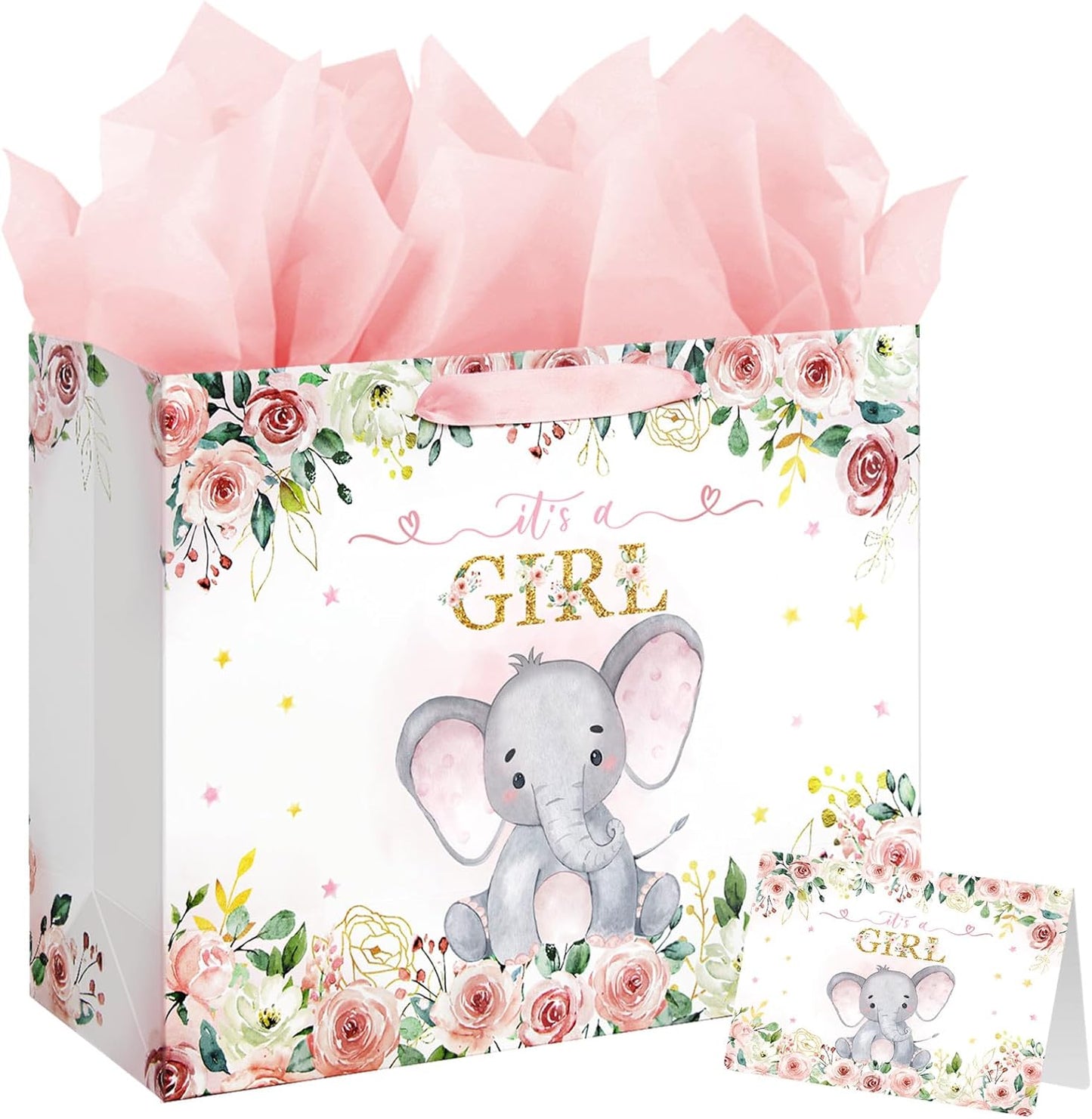 16.5" Baby Shower Birthday Gift Bag for Girl with Tissue Papers and Card Pink Floral Elephant Design with Handles (Extra Large Pink)