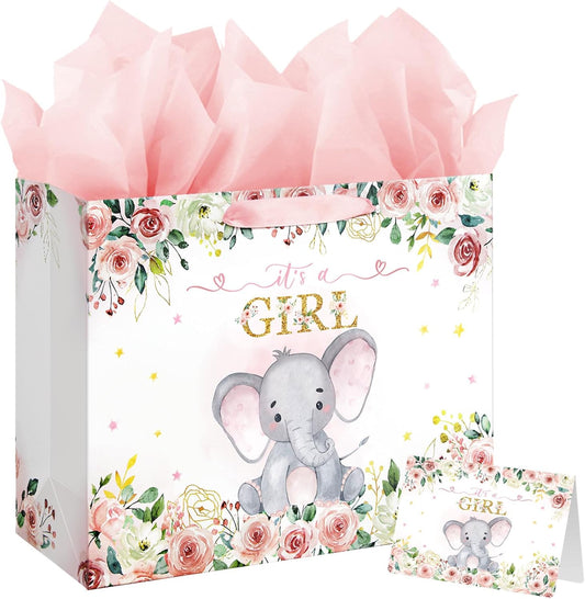 16.5" Baby Shower Birthday Gift Bag for Girl with Tissue Papers and Card Pink Floral Elephant Design with Handles (Extra Large Pink)