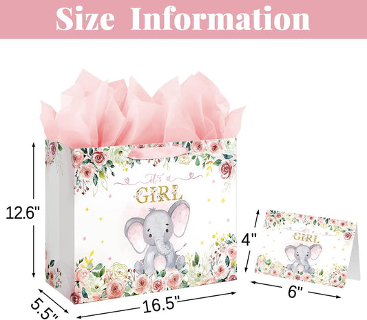 16.5" Baby Shower Birthday Gift Bag for Girl with Tissue Papers and Card Pink Floral Elephant Design with Handles (Extra Large Pink)