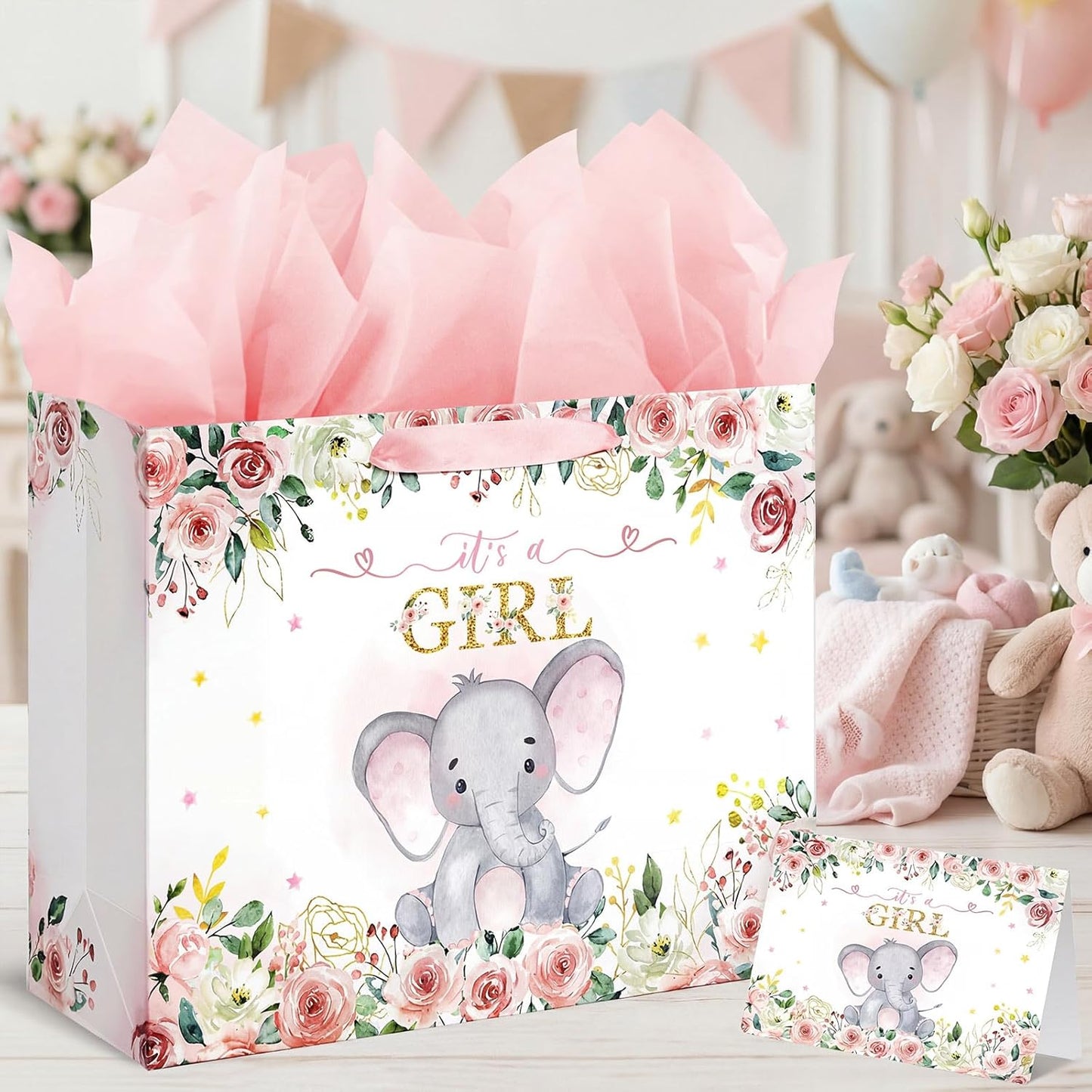 16.5" Baby Shower Birthday Gift Bag for Girl with Tissue Papers and Card Pink Floral Elephant Design with Handles (Extra Large Pink)