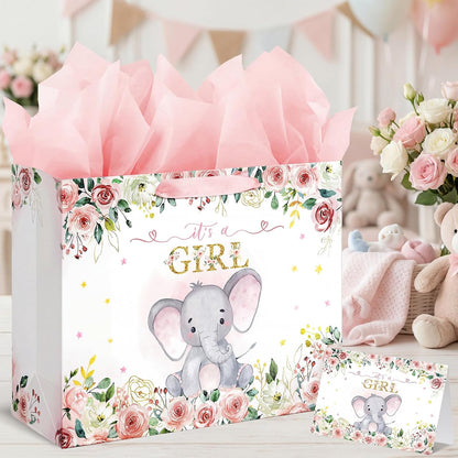 16.5" Baby Shower Birthday Gift Bag for Girl with Tissue Papers and Card Pink Floral Elephant Design with Handles (Extra Large Pink)