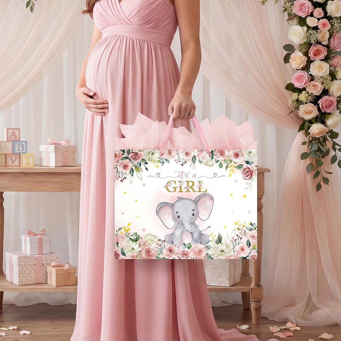 16.5" Baby Shower Birthday Gift Bag for Girl with Tissue Papers and Card Pink Floral Elephant Design with Handles (Extra Large Pink)