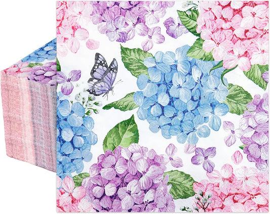 AnyDesign 50Pcs Hydrangea Luncheon Napkins Disposable Paper Napkin Watercolor Butterfly Floral Dessert Dinner Hand Napkin for Spring Summer Wedding Bridal Baby Shower Party Supplies