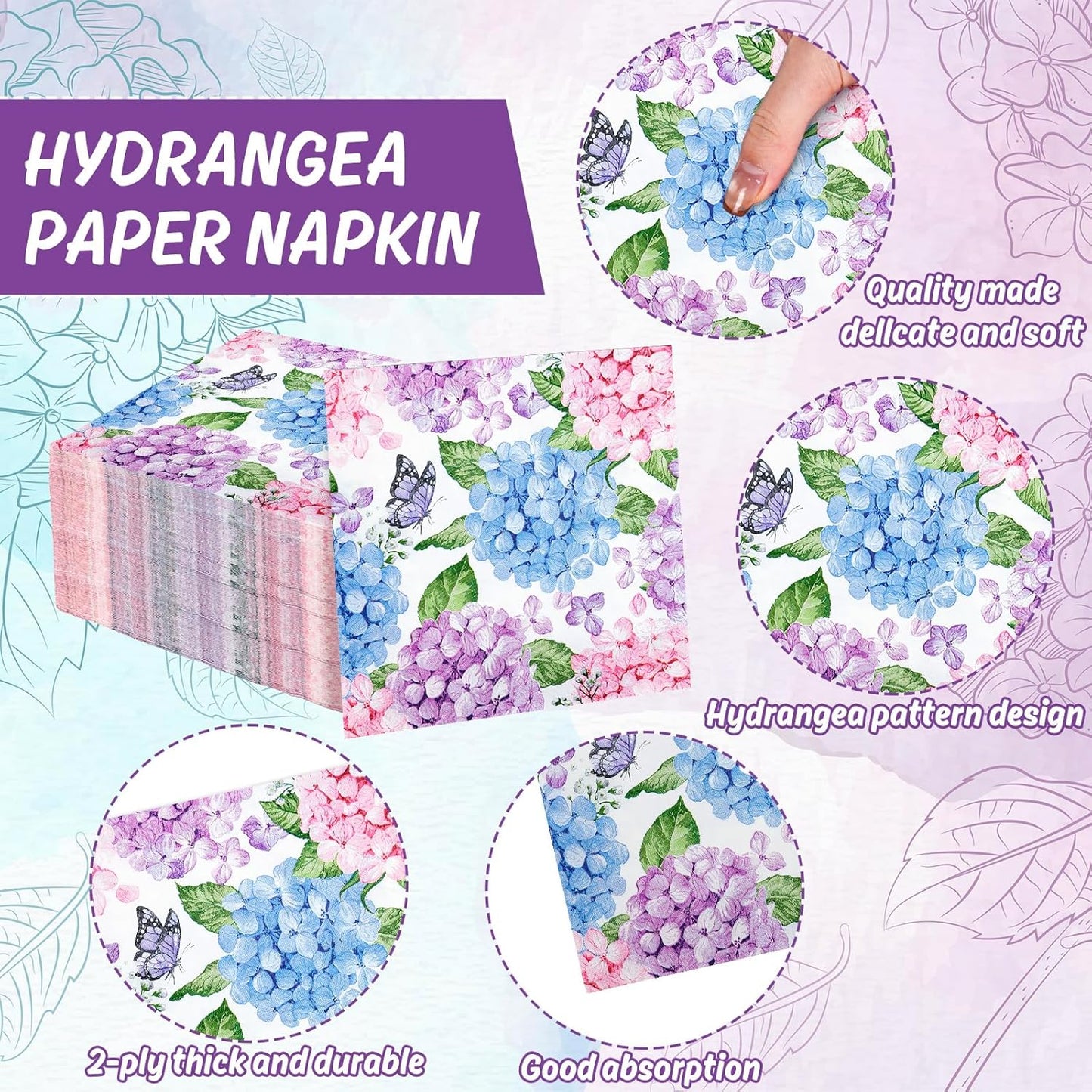 AnyDesign 50Pcs Hydrangea Luncheon Napkins Disposable Paper Napkin Watercolor Butterfly Floral Dessert Dinner Hand Napkin for Spring Summer Wedding Bridal Baby Shower Party Supplies