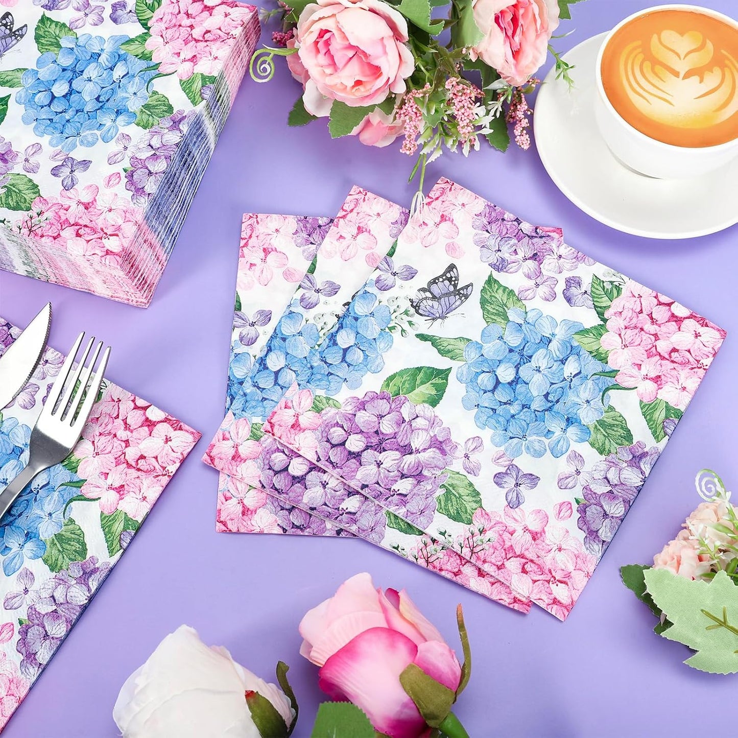 AnyDesign 50Pcs Hydrangea Luncheon Napkins Disposable Paper Napkin Watercolor Butterfly Floral Dessert Dinner Hand Napkin for Spring Summer Wedding Bridal Baby Shower Party Supplies