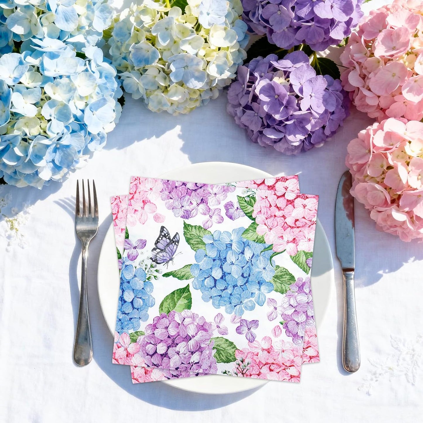 AnyDesign 50Pcs Hydrangea Luncheon Napkins Disposable Paper Napkin Watercolor Butterfly Floral Dessert Dinner Hand Napkin for Spring Summer Wedding Bridal Baby Shower Party Supplies