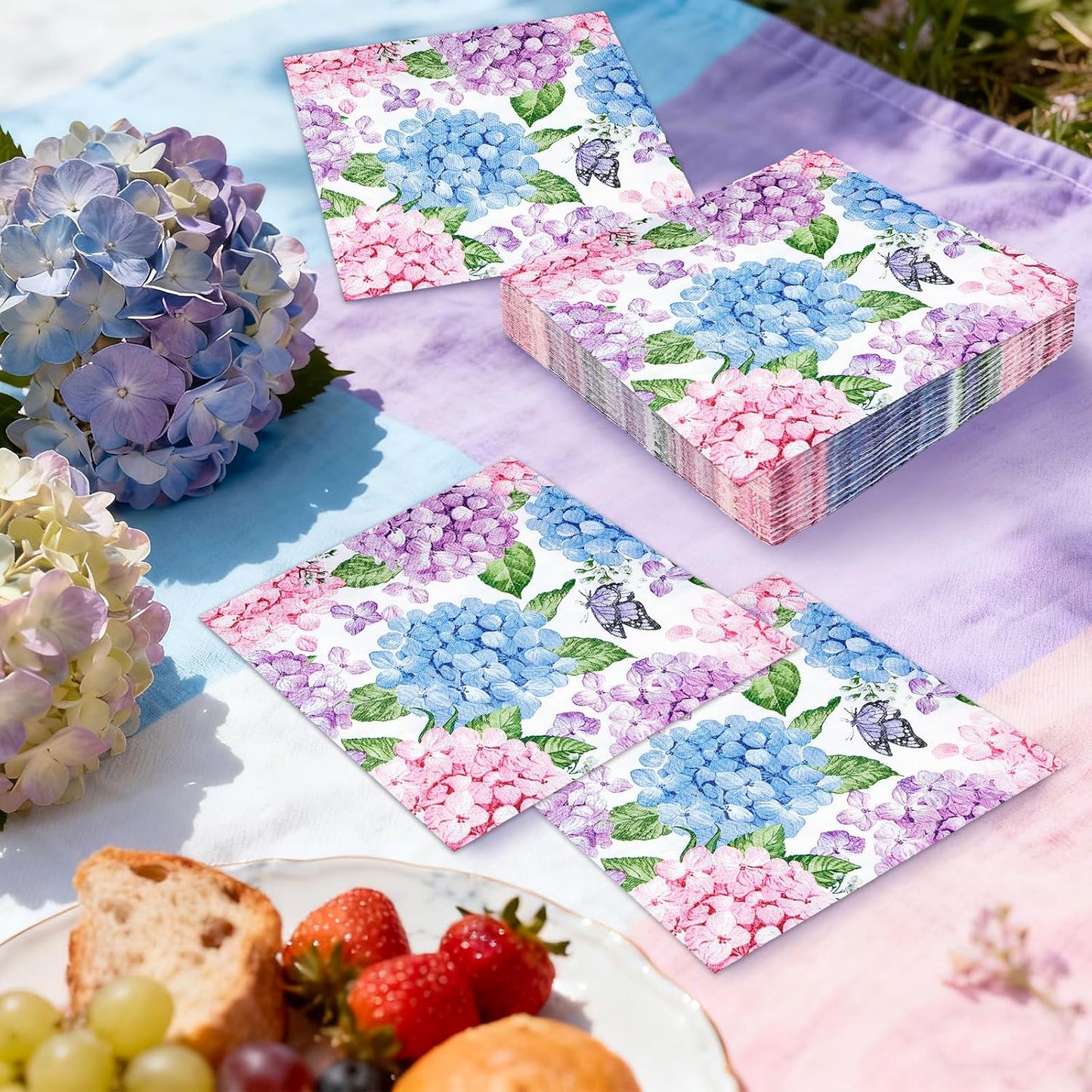 AnyDesign 50Pcs Hydrangea Luncheon Napkins Disposable Paper Napkin Watercolor Butterfly Floral Dessert Dinner Hand Napkin for Spring Summer Wedding Bridal Baby Shower Party Supplies