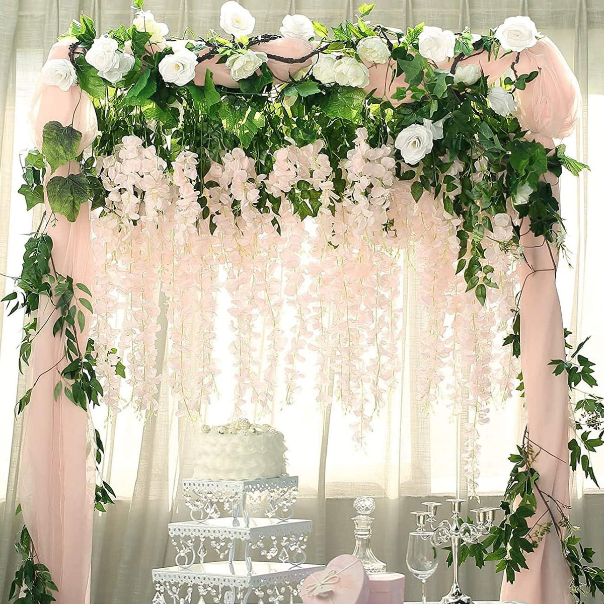 40 Pack Artificial Wisteria Vine Garland, 3.75 Feet Silk Strings, Fake Hanging Flowers, Wedding, Garden, Wall Decoration (Peach)