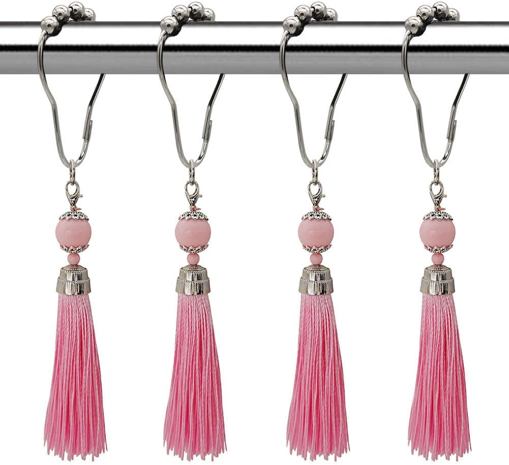 Boho Shower Curtain Hooks Set of 12 for Bathroom, Rustproof Stainless Steel Shower Curtain Rings with Pink Tassel Decorative, Curtain Hanger Clips for Home Bathroom, Bedroom, Baby Room Decor (Pink)