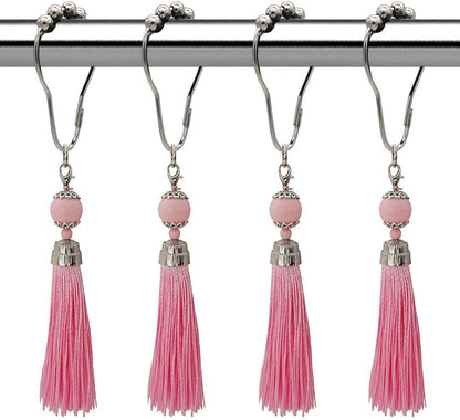 Boho Shower Curtain Hooks Set of 12 for Bathroom, Rustproof Stainless Steel Shower Curtain Rings with Pink Tassel Decorative, Curtain Hanger Clips for Home Bathroom, Bedroom, Baby Room Decor (Pink)