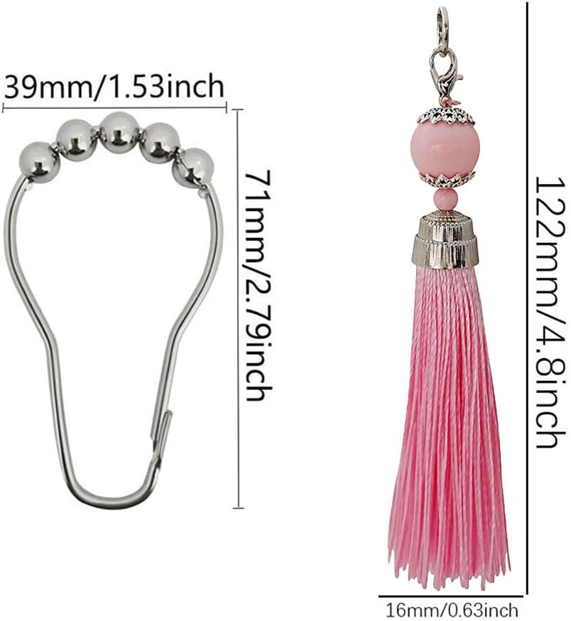 Boho Shower Curtain Hooks Set of 12 for Bathroom, Rustproof Stainless Steel Shower Curtain Rings with Pink Tassel Decorative, Curtain Hanger Clips for Home Bathroom, Bedroom, Baby Room Decor (Pink)