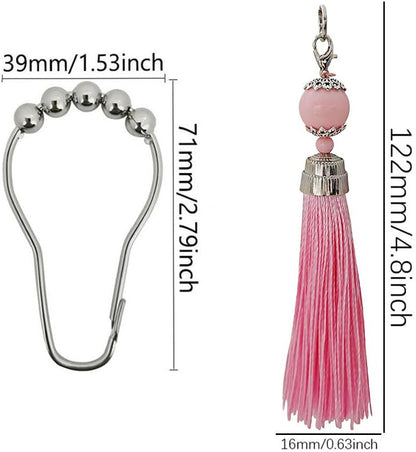 Boho Shower Curtain Hooks Set of 12 for Bathroom, Rustproof Stainless Steel Shower Curtain Rings with Pink Tassel Decorative, Curtain Hanger Clips for Home Bathroom, Bedroom, Baby Room Decor (Pink)