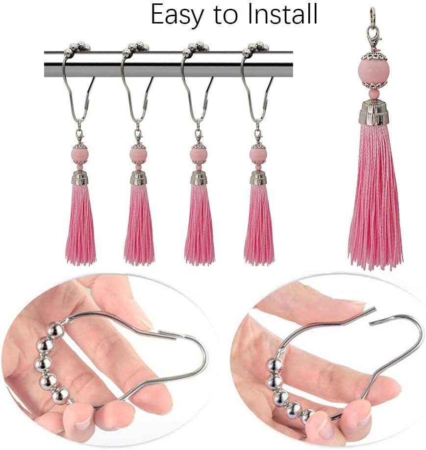 Boho Shower Curtain Hooks Set of 12 for Bathroom, Rustproof Stainless Steel Shower Curtain Rings with Pink Tassel Decorative, Curtain Hanger Clips for Home Bathroom, Bedroom, Baby Room Decor (Pink)