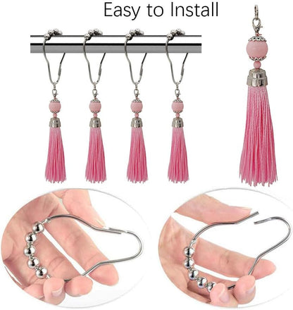 Boho Shower Curtain Hooks Set of 12 for Bathroom, Rustproof Stainless Steel Shower Curtain Rings with Pink Tassel Decorative, Curtain Hanger Clips for Home Bathroom, Bedroom, Baby Room Decor (Pink)