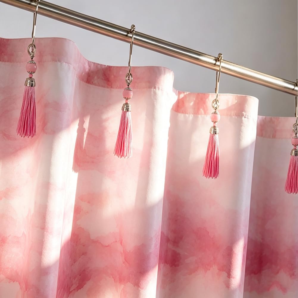 Boho Shower Curtain Hooks Set of 12 for Bathroom, Rustproof Stainless Steel Shower Curtain Rings with Pink Tassel Decorative, Curtain Hanger Clips for Home Bathroom, Bedroom, Baby Room Decor (Pink)